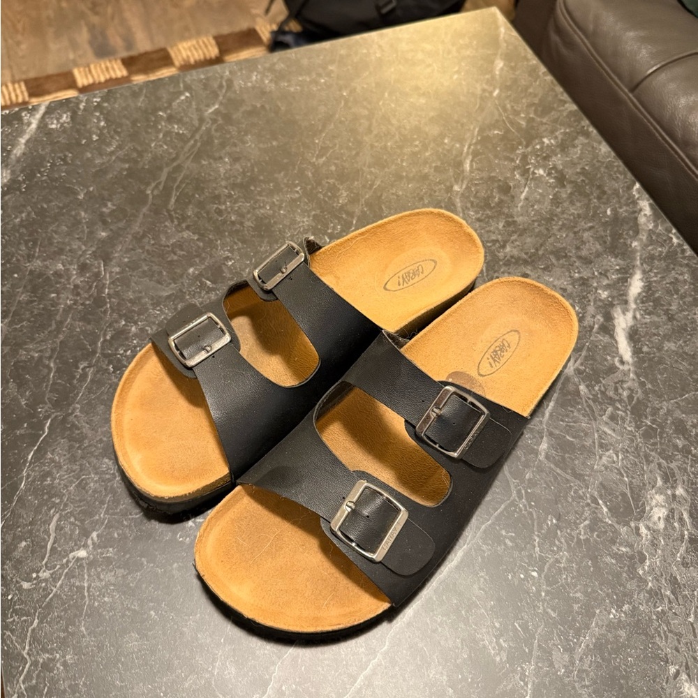 Black and Tan Sandals with Buckles